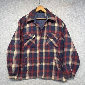 Vintage JC Penney Checked Wool Style Cpo Shirt Jacket Men's Large Blue Red 70s